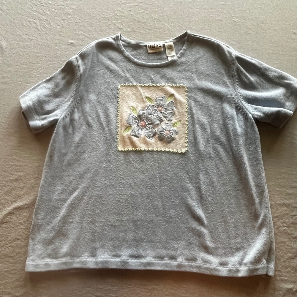 Russ Liz Claiborne Womens XL‎ Blue Short Sleeve Knit Floral Applique Sweater Top
